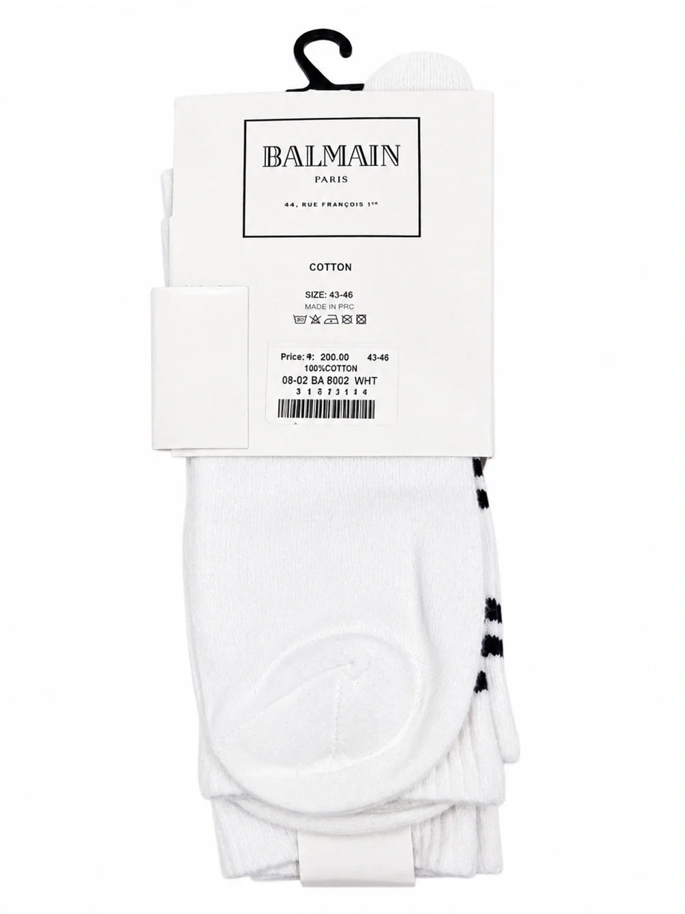Balmain Paris Logo Stripe Crew Socks 2-Pack White Black Size 43-46 NWT